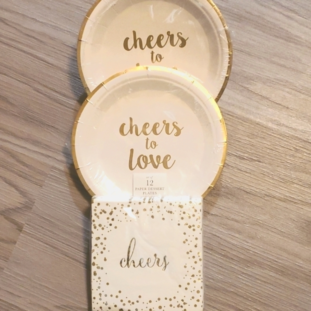 24 Gold/Off White Dessert Plates-Cheers To Love,30 Gold/Off White Napkins-Cheers